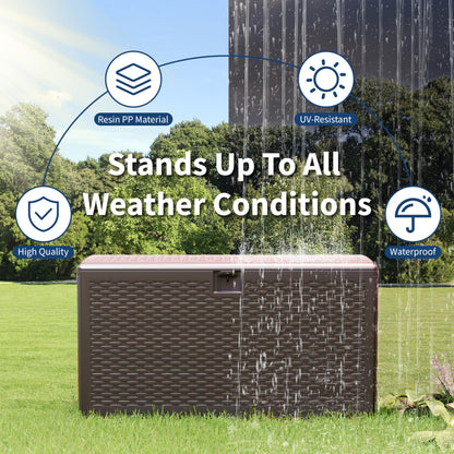 99 Gallon Outdoor Deck Box, HDPE Resin Patio Storage Bench with Lockable Hydraulic Lid, Weatherproof UV-Resistant Storage Chest for Tools, Pool Toys, Cushions,Large Capacity, Brown Wicker Style