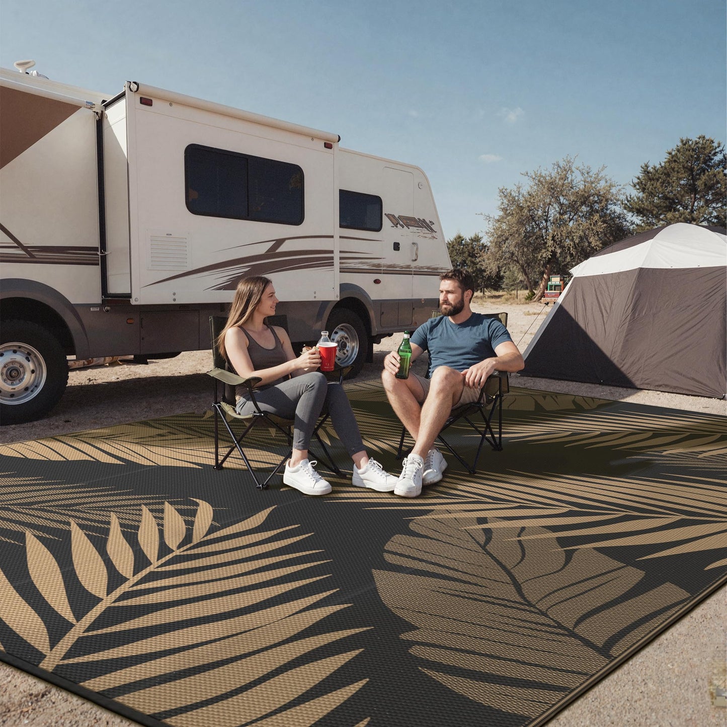sarben Outdoor Rug 10' x 20' Waterproof for Patios Clearance, Reversible Plastic Straw Indoor Outdoor Rug for RV, Picnic, Backyard, Deck, Balcony, Porch, Beach, Black and Brown