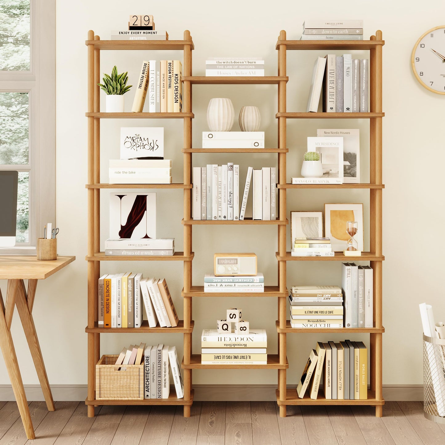 IOTXY Wooden Triple Wide Bookshelf - 6-Tier Large Shelf Bookcase with Solid Beech Frame, Tall Freestanding Open Etagere Display Rack for Home Office, Oak