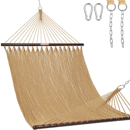 Lazy Daze Hammocks 10.5 FT Double 2 Person Caribbean Rope Hammock, Hand Woven Polyester Hammock with Spreader Bars, for Outside Outdoor Backyard Patio Poolside, 450 LBS Capacity, Tan