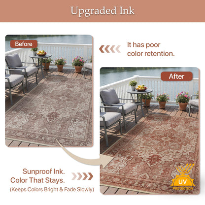 GENIMO Outdoor & Indoor Area Rug 9'x12', Waterproof, Non-Shedding, Easy Cleaning, Boho Mat for Patio, Living Room, Balcony, Dining Room, RV, Deck, Bedroom, Camping, Outside Carpet,Brown Red