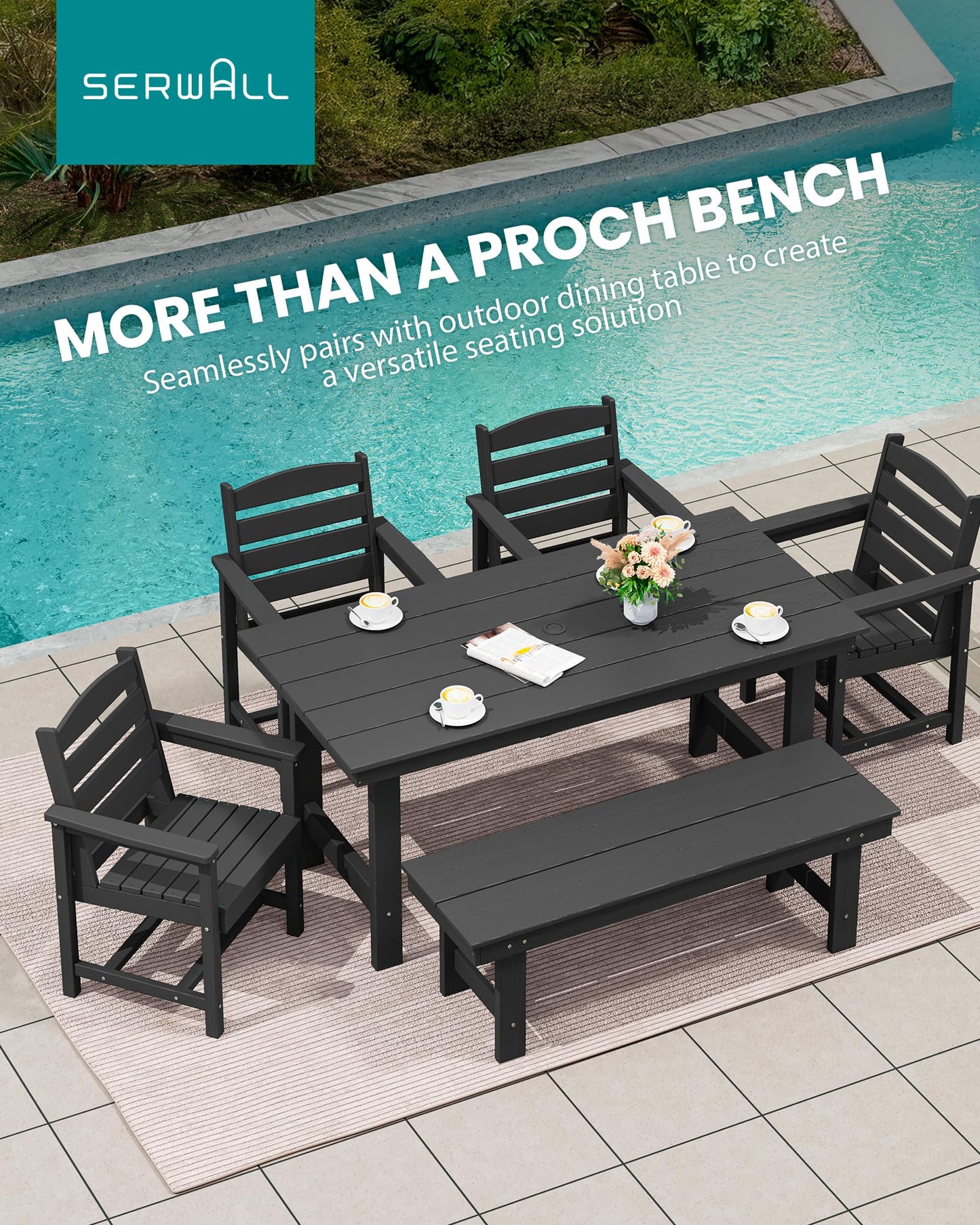 SERWALL 2-Person Outdoor Bench Backless, HDPE Outdoor Benches Weatherproof, 660 Lbs Weight Capacity, Poly Lumber Patio Furniture for Garden, Porch and Park, Black