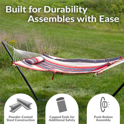 Sunnydaze Rope Hammock with Stand for Outside - Heavy Duty Freestanding Portable Outdoor Hammock Set with Quilted Pad, Pillow, and 12-Foot Steel Frame - 275 lb Capacity - Modern Lines