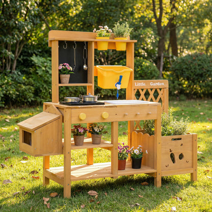 Wooden Mud Kitchen for Kids, Outdoor Play Kitchen with Real Running Water Sink, Mud Table, Gravity Water Tank, Planting Box, Critter Observation Box, 12-Pc Accessory Kit, Toddler Gift, Age 3+