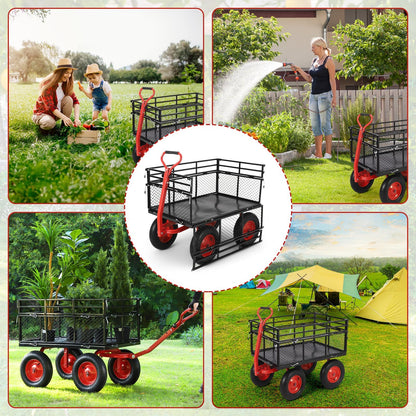 GarveeHome 1400Lbs Heavy Duty Steel Garden Cart, Garden Wagon Cart on Wheels, Metal Yard Utility Wagon with Removable Mesh Sides, 2-in-1 180° Rotating Handle and 16 Inch Wheels for Garden, Farm, Yard