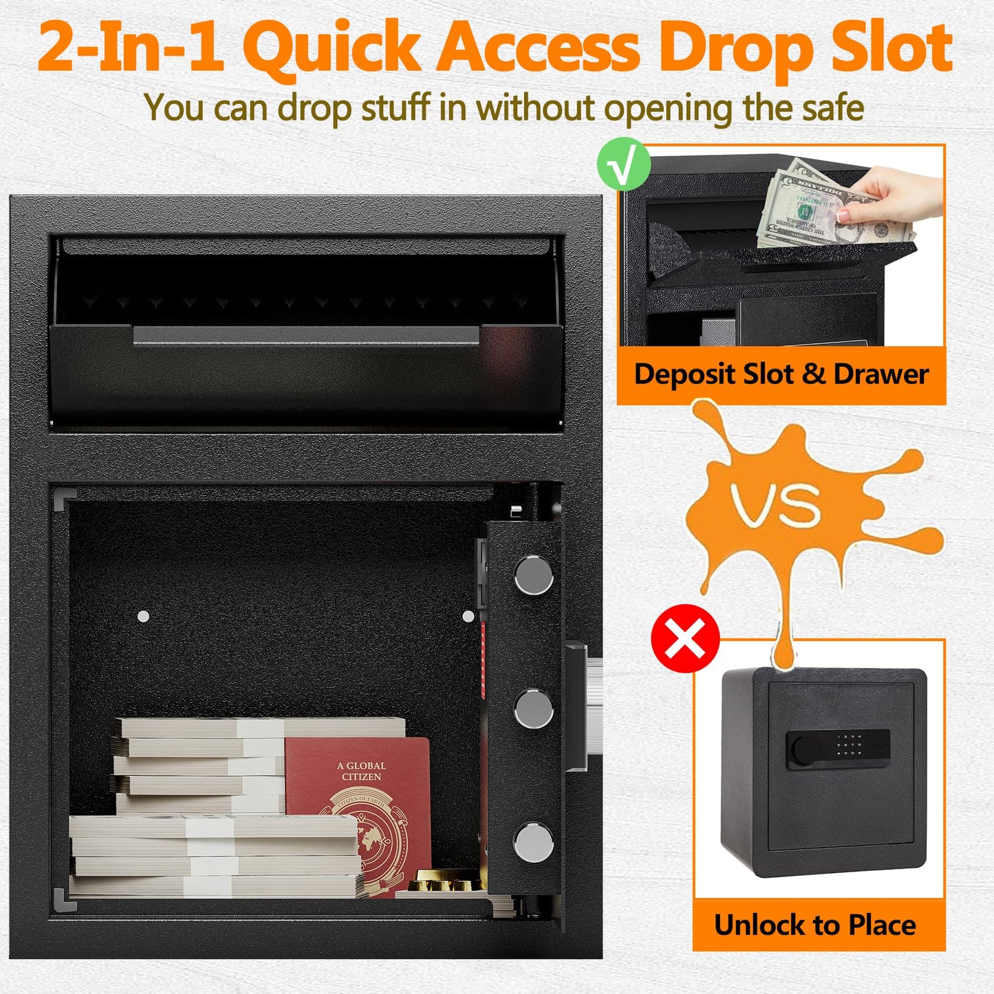 2.0 CUB Depository Drop Safe Fireproof, Front Drop Slot Lock Box with Digital Combination and Anti-Fishing, Silent Deposit Safe Box, Security Money Safe for Cash Slips Expense Business Office Home