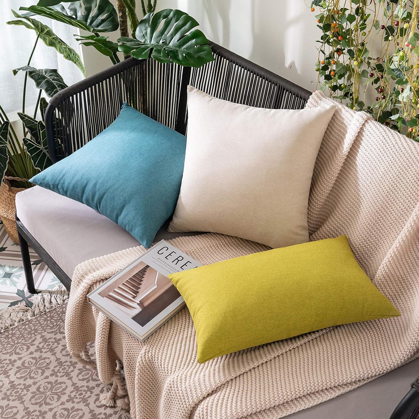MIULEE Decorative Outdoor Throw Pillow Covers - Waterproof Faux Linen Cushion Cases | 18x18 Inch Beige (Pack of 2)