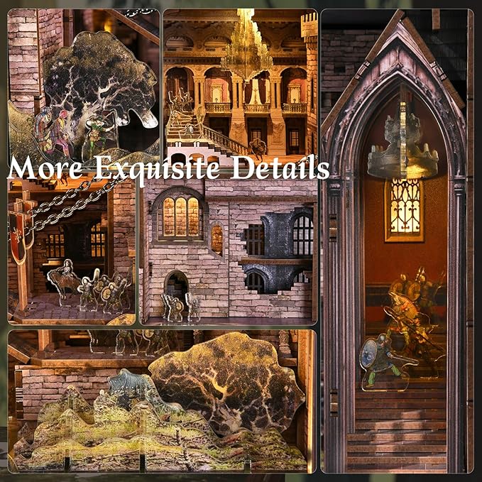 Book Nook Kit DIY Doll House Booknook Miniature Kit for Bookshelf Doll Houses for Adults Teen Halloween 3D Wooden Puzzle Bookends with Led Light and Dust Cover (Robin Hood)