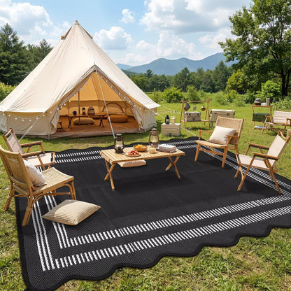 Garvee Waterproof Outdoor Rug 9x18, Scalloped Geometric Foldable Plastic Straw Patio Camping Rug, Outdoor RV Carpet for Deck Camper Porch Balcony Backyard Picnic Beach Black and White