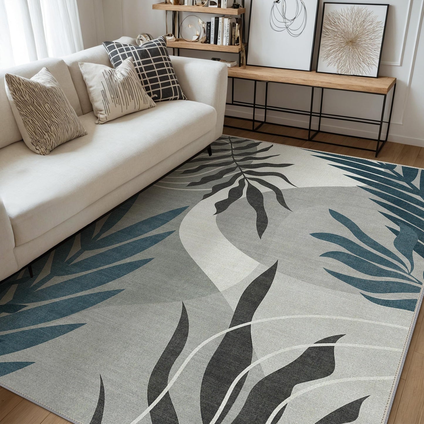 GENIMO Indoor Outdoor Area Rug 8' X 10' Waterproof, Washable Door Mat Non Shedding, Easy Cleaning Outdoor Carpet for Patio, Entryway, Porch, Bathroom, Living Room, Bedroom, Backyard, Blue&Grey