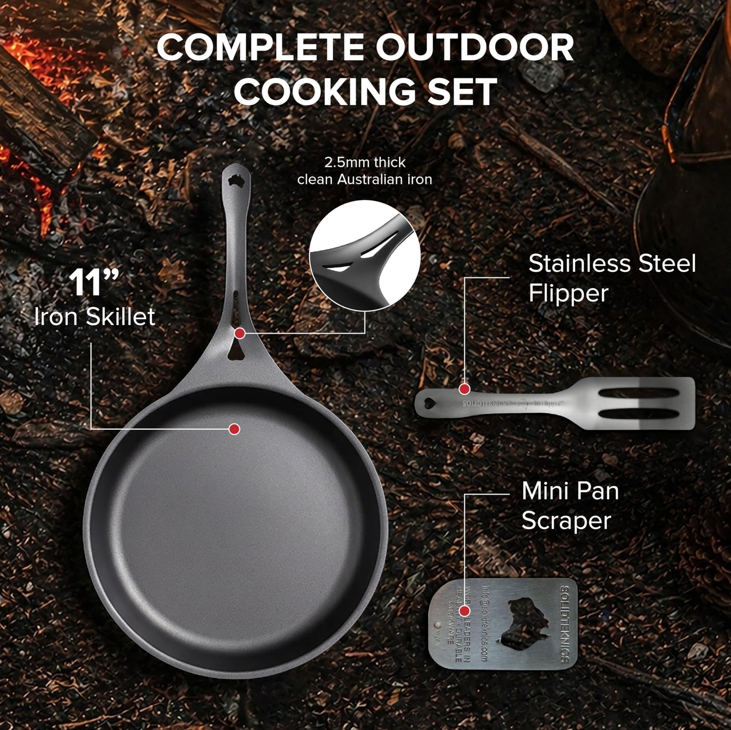 SOLIDTEKNICS 11" Outdoor Skillet Set – Naturally Seasoned Australian Iron Skillet with Stainless Steel Flipper & Mini Pan Scraper Camping Cookware for Grill, Smoker, Fire Pit & Campfire Cooking