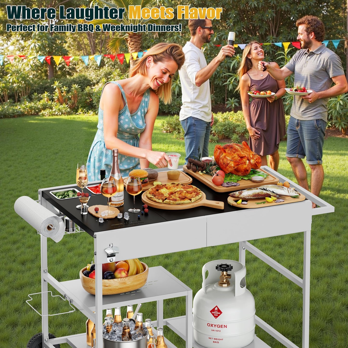 Shintenchi Pizza Oven Cart Table with Topping Station and Wheels, Outdoor Tabletop Grill Table Stand, Movable Food Prep Workcart Fits for Ninja Blackstone Woodfire Grill