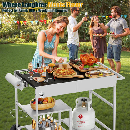 Shintenchi Pizza Oven Cart Table with Topping Station and Wheels, Outdoor Tabletop Grill Table Stand, Movable Food Prep Workcart Fits for Ninja Blackstone Woodfire Grill