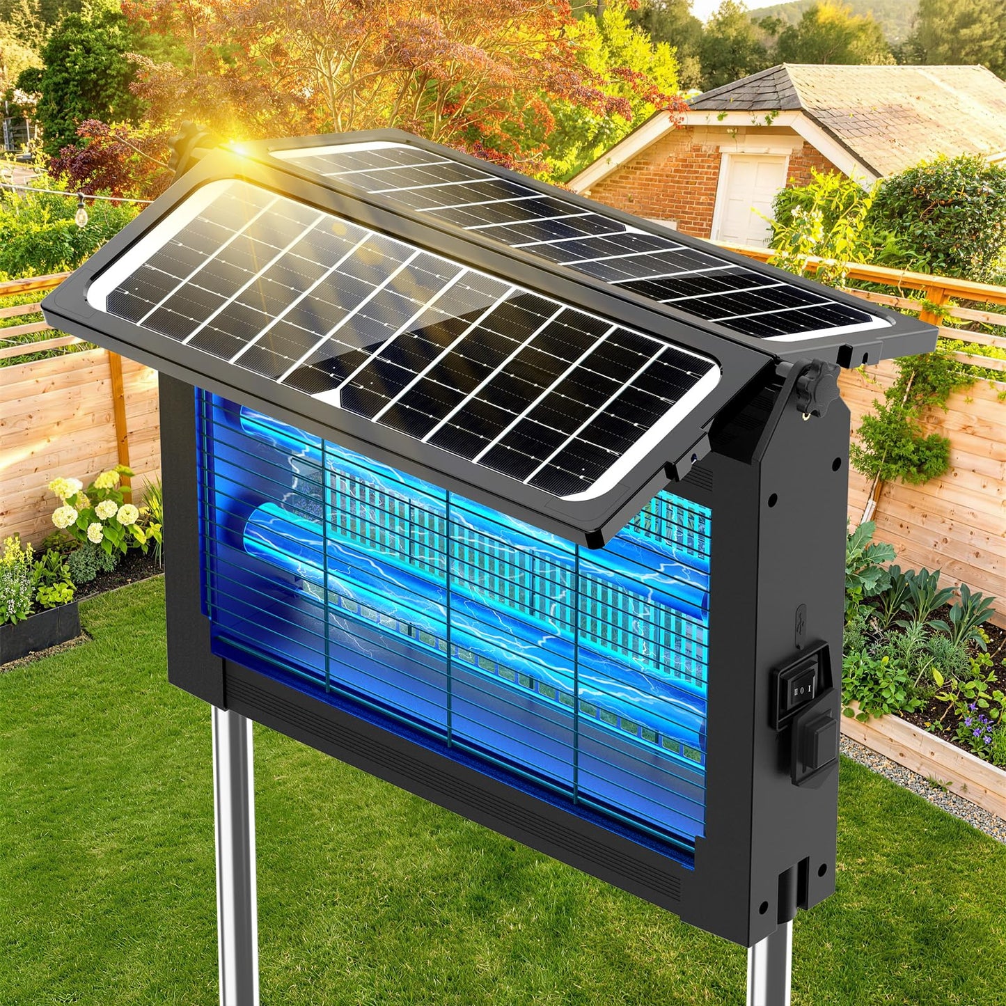Solar Bug Zapper Outdoor, 4500V Electric Mosquito Zapper with Dual Solar Panels & USB Charging, Auto On/Off Mosquito Killer, IPX5 Waterproof Fly Trap for Backyard Patio Garden Camping, 2100 Sq Ft