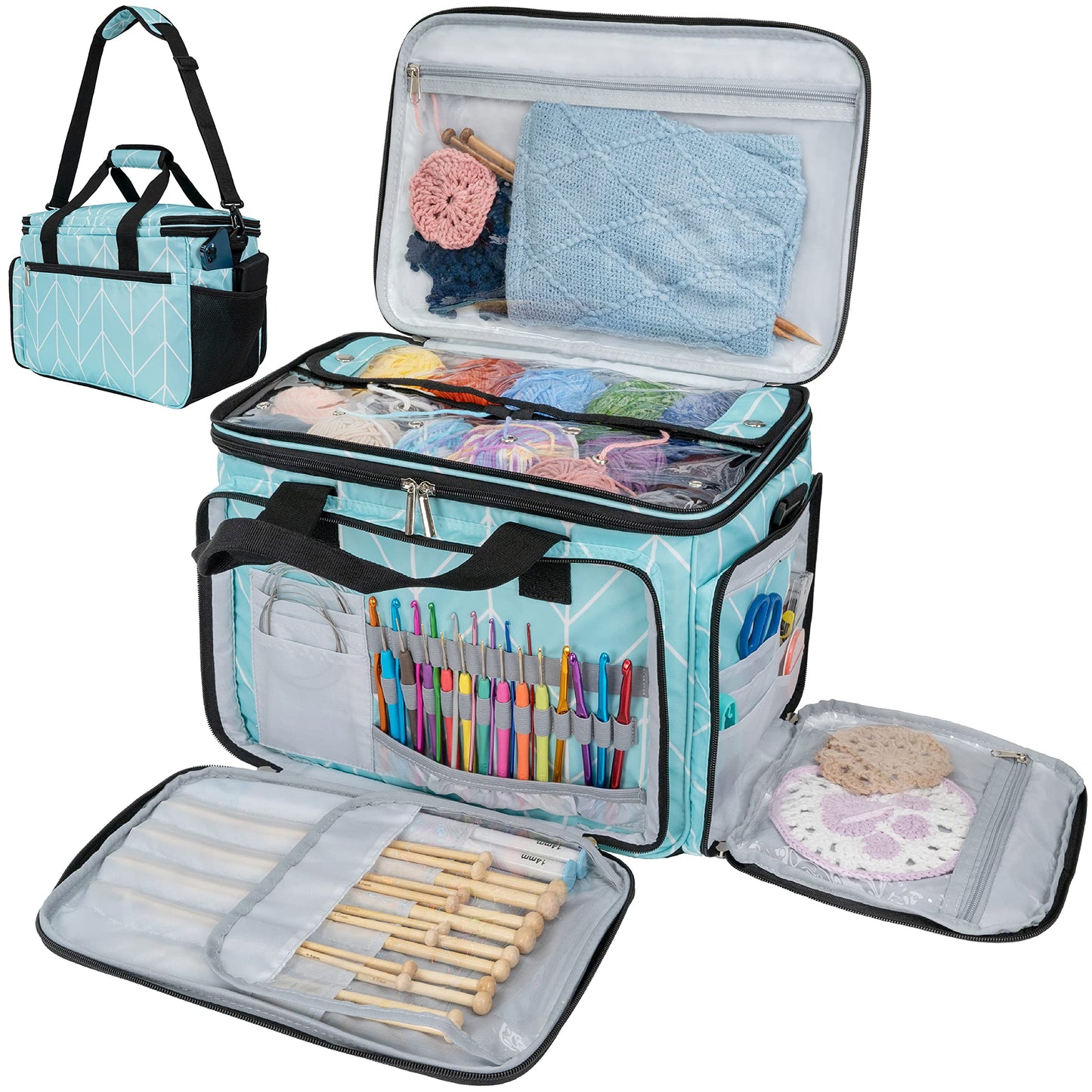 PAVILIA Knitting Bag Yarn Storage Tote, Large Crochet Organizer Bag, Yarn Storage Holder for Crocheting Knitter, Knitting Project Bag, Crochet Accessories Set, Gifts For Crochet Lovers, Chevron Teal