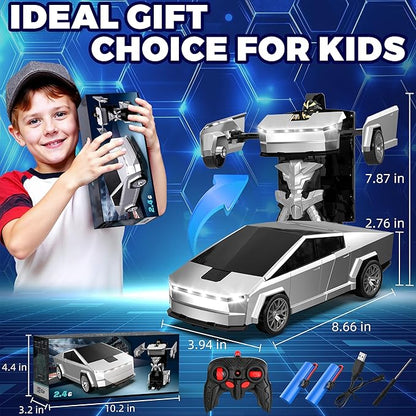 Transform RC Cyber Pickup Truck Cars Robot Toy for Kids 2.4GHz Remote Control Car with One-Button Deformation 360° Rotation LED Lights Valentine's Day Birthday Gifts for Boys Age 4-7-8-12（1:18 Scale）