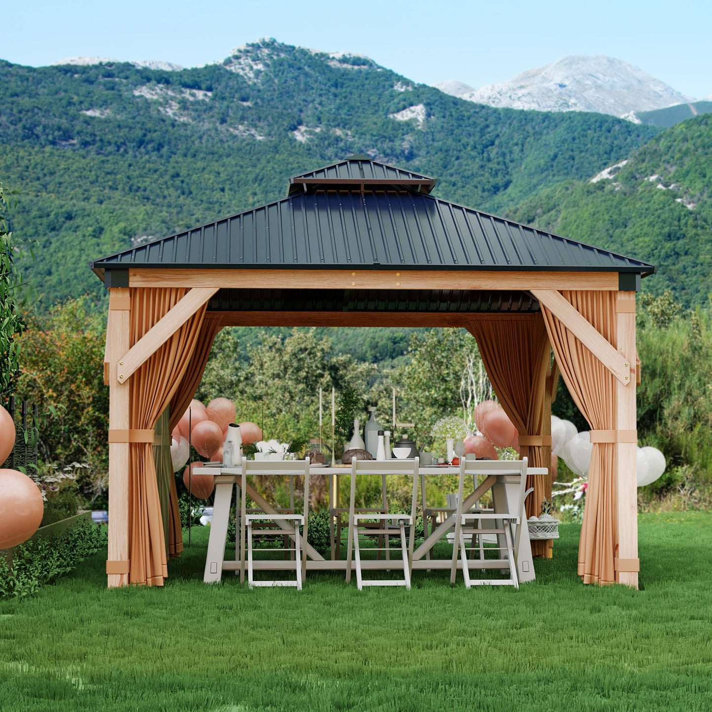 GarveeLife Hardtop Wood Gazebo 10 ft x10 ft for All Weather, with Double Metal Roof, Heavy Duty Wooden Frame, Net, and Curtain, Permanent Building for Patio, Deck, Backyard, Lawn, and Garden, Khaki