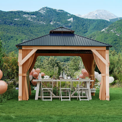 GarveeLife Hardtop Wood Gazebo 10 ft x10 ft for All Weather, with Double Metal Roof, Heavy Duty Wooden Frame, Net, and Curtain, Permanent Building for Patio, Deck, Backyard, Lawn, and Garden, Khaki