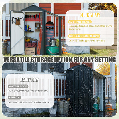 KEIKI 2-in-1 Outdoor Storage Shed & Tool Cabinet, 4.6FT Metal Garden Shed with Lockable Compartment, Open Firewood Rack, Waterproof Small Outside Storage Shed, Galvanized Steel, Dark Gray