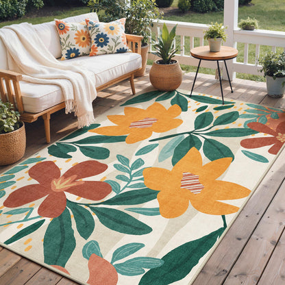 GENIMO Indoor Outdoor Area Rug 8'x10', Machine Washable Rugs for Patio, Waterproof, Non-Slip Easy Cleaning Floral Outdoor Mat Carpet for Living Room, Bedroom, RV, Balcony, Deck, Camping,Sage Orange