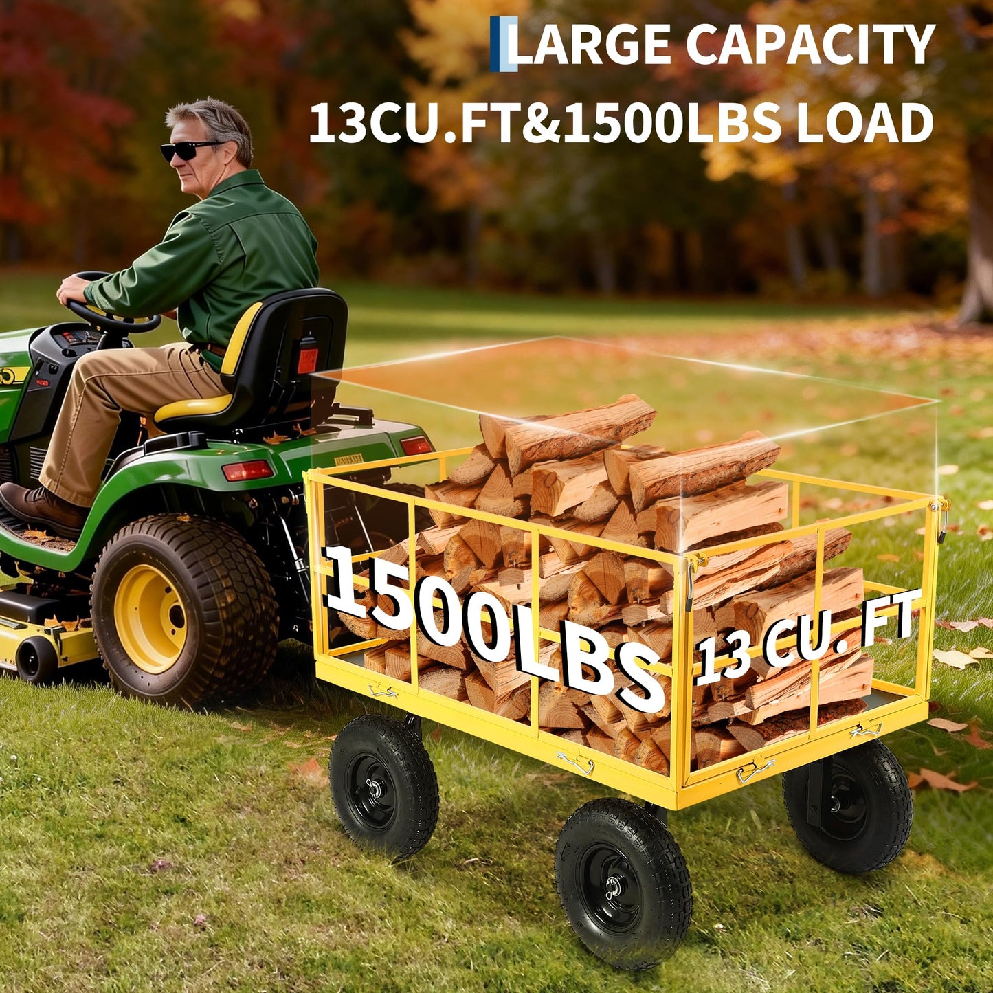 Heavy Duty 1500 Lbs Steel Garden Cart – 3-in-1 Utility Wagon & Trailer with Removable Mesh Sides, 13" All-Terrain Tires, 180° Rotating Handle for Lawn, Yard, Gardening Tasks, Outdoor Hauling