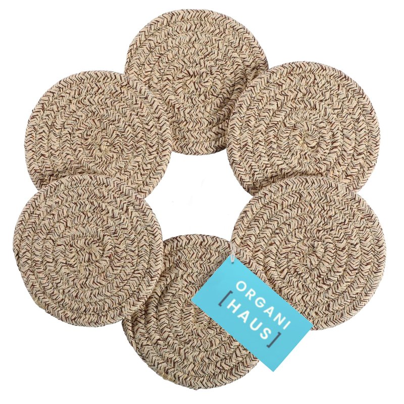 OrganiHaus Drink Coasters Set of 6, Absorbent Cotton Woven Cup Coasters, Rustic Farmhouse Boho Decor for Coffee Table and Drinks Protection, Cute Coaster for Drinks, Coaster for Office Desk - Brown