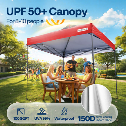 VIVOHOME 10x10ft Pop Up Canopy Tent One Push Setup Outdoor Portable Shelter Tent Heavy Duty with Wheel Carry Bag and 4 Sandbags, Red