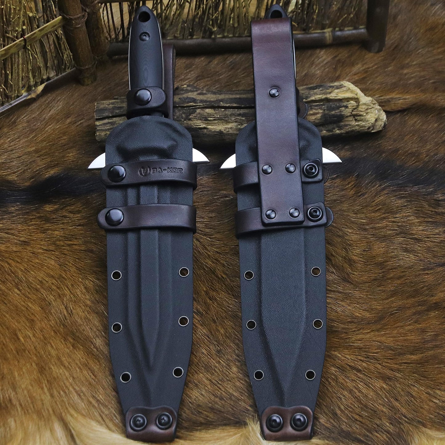 BA-KOR 14.4” Fixed Blade Hunting Knife, CPM 3V Steel Full Tang Survival Knife, 5mm Thick Mirror Polished Blade, G10 Handle, Leather Wrapped Kydex Sheath & 5.9” Fire Starter