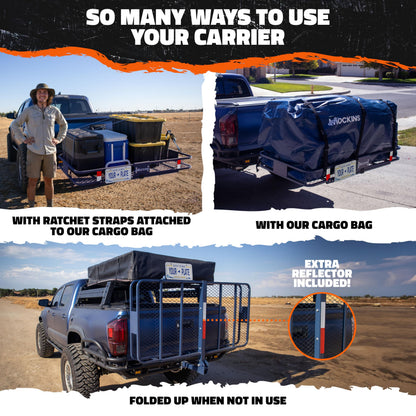 Mockins 60"x30"x6" Navy Trailer Hitch Cargo Carrier & 30 Cu Ft Waterproof Cargo Hitch Carrier Bag | 500 Lbs Cap Steel Folding Luggage Rack for SUV Truck Van & RV w/License Plate Bracket & Accessories