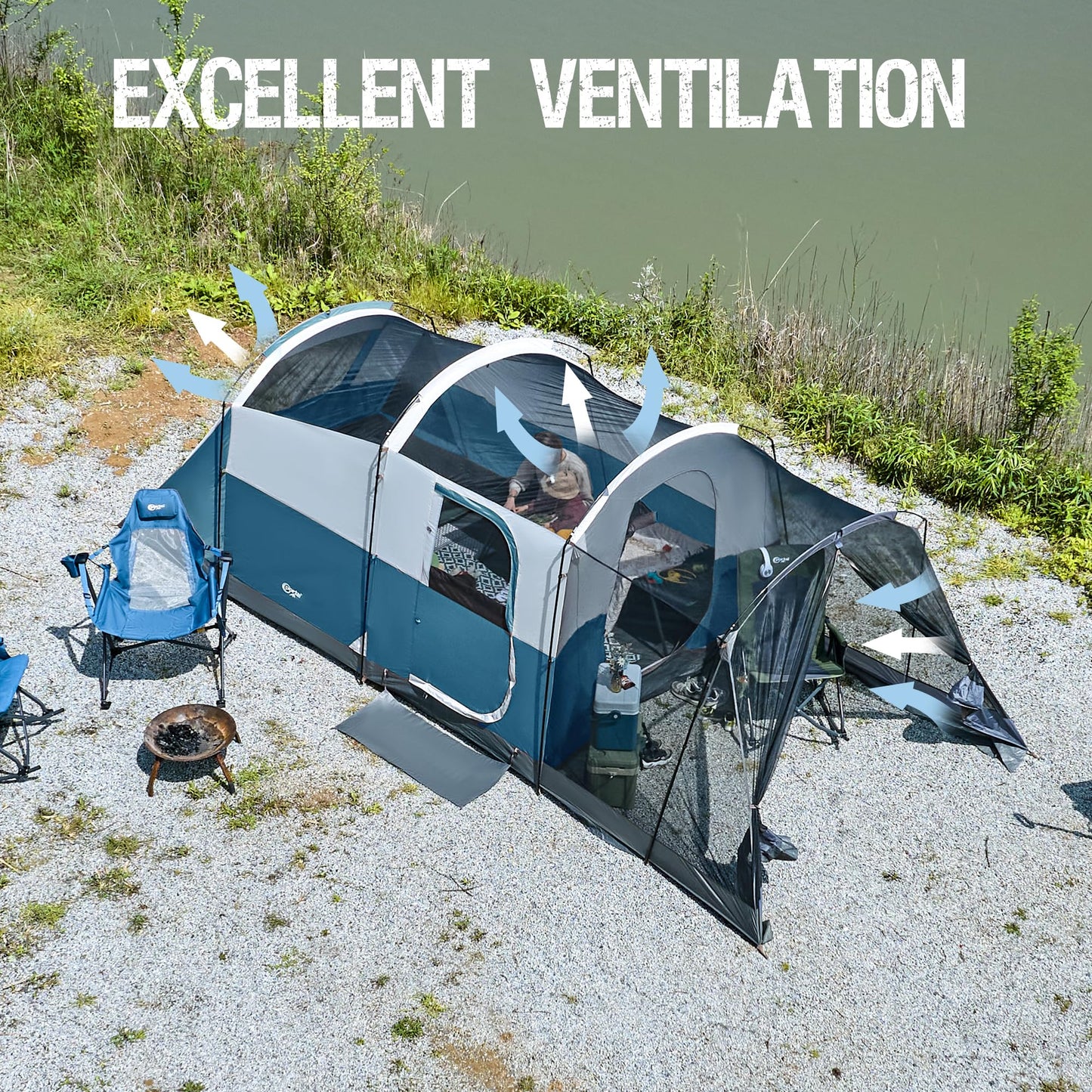 Portal 8 Person Family Camping Tent with Screen Porch, Waterproof Tunnel Tent with Raifly, Large Tents for Outdoor Camping, Yard