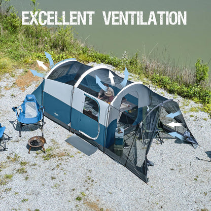 Portal 8 Person Family Camping Tent with Screen Porch, Waterproof Tunnel Tent with Raifly, Large Tents for Outdoor Camping, Yard