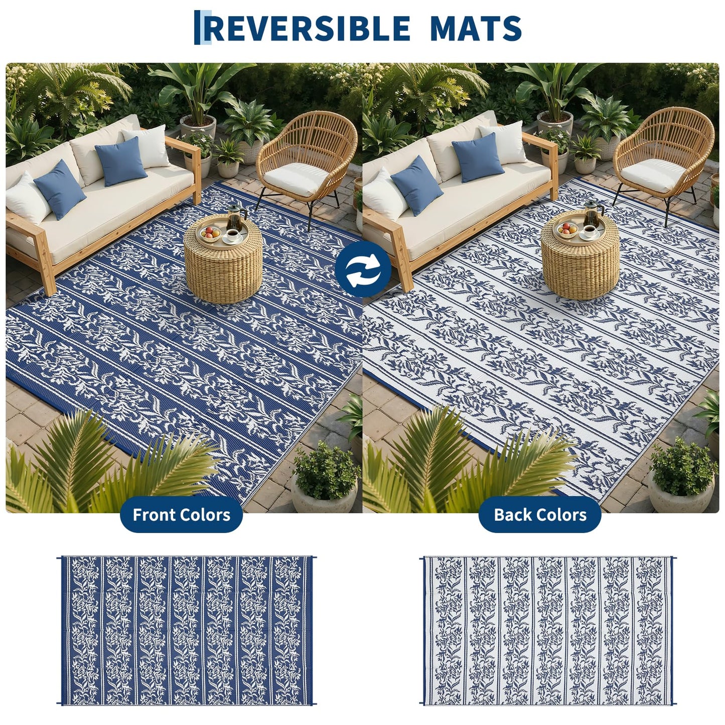 GarveeHome Outdoor Rug 9x18 Waterproof for Patio, Reversible Outdoor Plastic Straw Rug, Wallpaper Flower Indoor Outdoor Mat Carpet for RV, Camping, Deck, Backyard, Picnic, NavyWhite