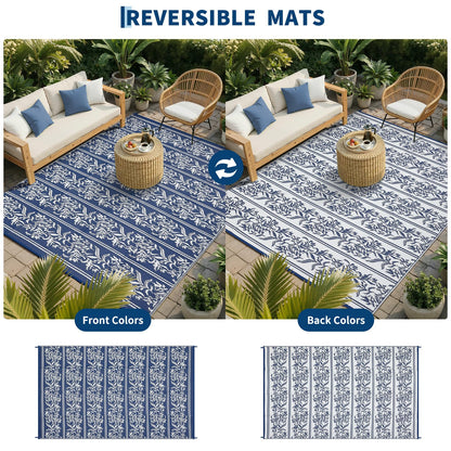 GarveeHome Outdoor Rug 9x18 Waterproof for Patio, Reversible Outdoor Plastic Straw Rug, Wallpaper Flower Indoor Outdoor Mat Carpet for RV, Camping, Deck, Backyard, Picnic, NavyWhite