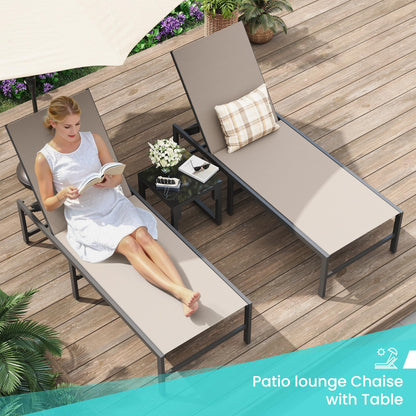 Amopatio 3 Piece Patio Lounge Chair Set Adjustable Lounge Chairs Set of 2 with Side Table for Poolside Weather Resistant Outdoor Chaise Lounge for Backyard Beach, 400 LBS Capacity(Khaki)