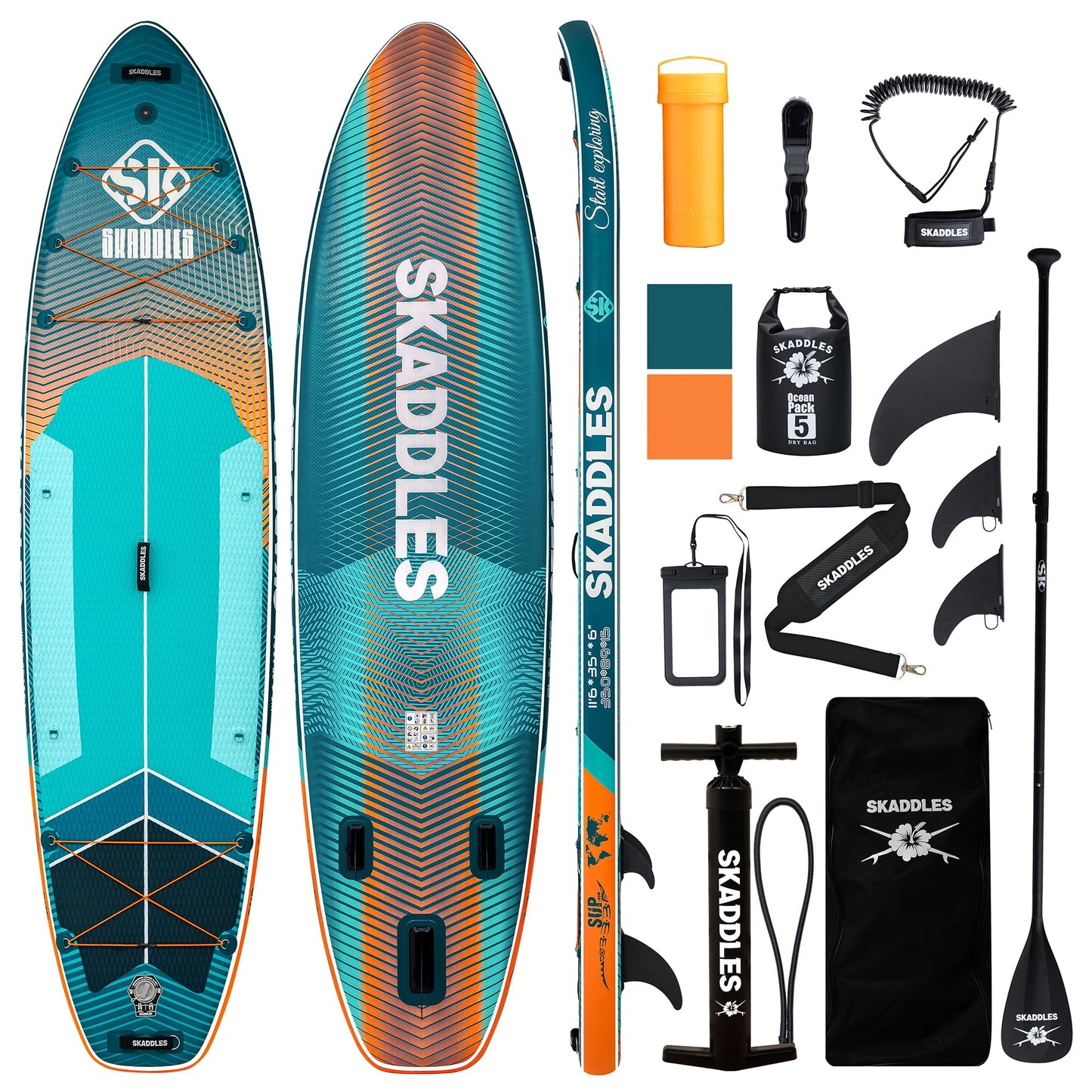 SKADDLES 11’6 × 35" Inflatable SUP–Super Wide, Stable Stand Up Paddle Board for Adults, Youth, Family & Pets, High Weight Capacity, Non-Slip EVA Deck, Premium Accessories (FLASHLINE · Strike Scale)