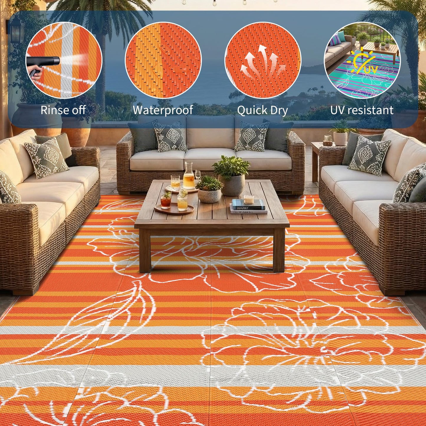 Garvee 10x14 Outdoor Waterproof Rug, Floral Outdoor Area Rug，Reversible Plastic Straw Patio Rug, Portable Camping Mat for RV, Picnic, Beach, Balcony, Garden & Camping Orange