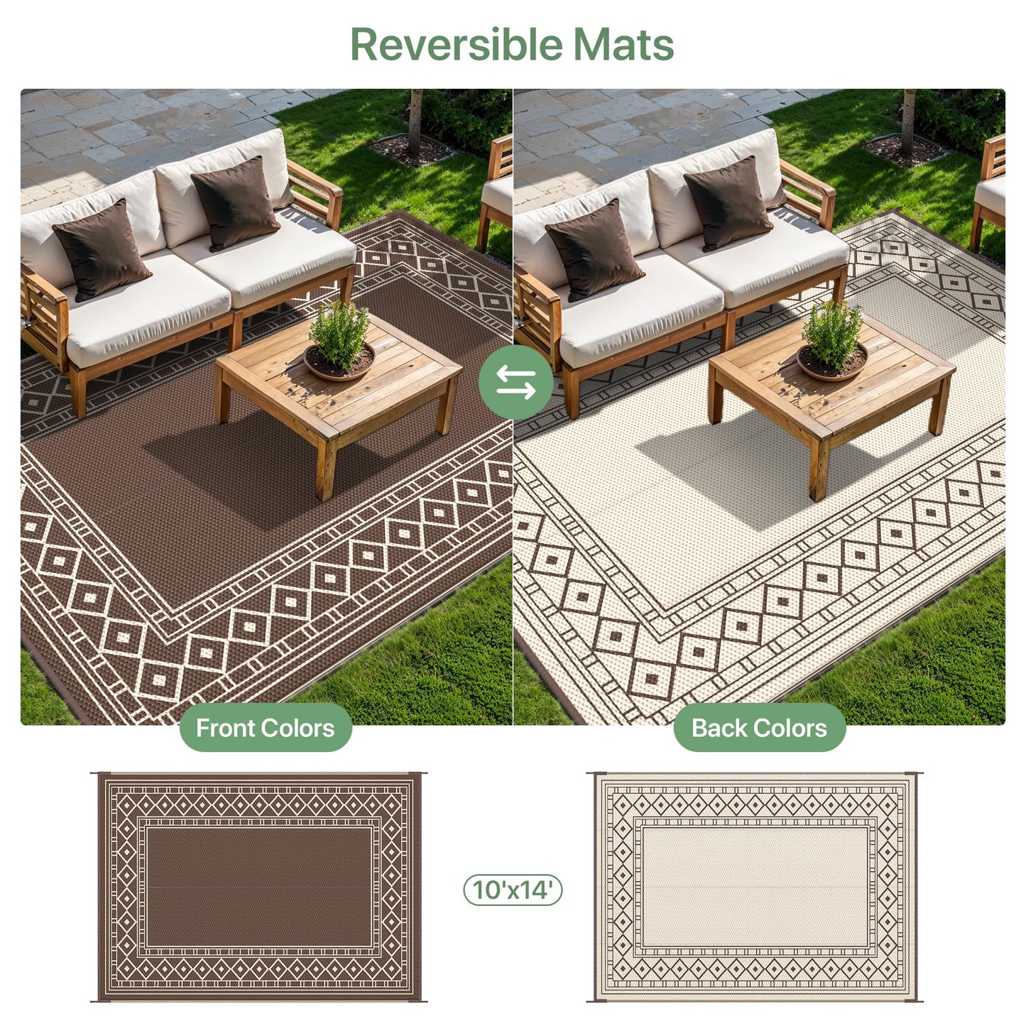 GENIMO Outdoor Rug Waterproof for Patio, 10'x14' Foldable Reversible Plastic Straw Carpet for Travel Trailers, Outside Area Mat for Rv, Deck, Picnic, Porch, Camper, Balcony, Beach, Coffee & Beige