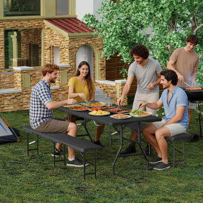 VSOAEIL 6 Foot Folding Picnic Table Set with 2 Benches, HDPE Tree Pattern Top, 3-Piece Portable Indoor Outdoor Furniture with Safety Locks & Handle for Party Camping, Black