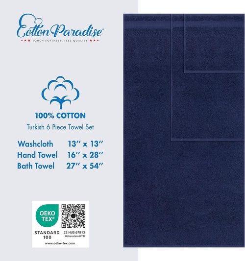 Cotton Paradise 6-Piece Towel Set - 100% Soft Absorbent Turkish Towels | Navy Blue Bath Towels, Hand Towels & Washcloths