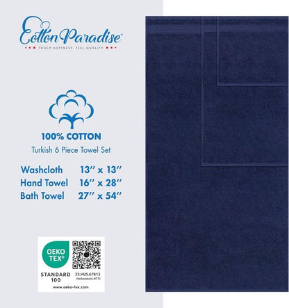 Cotton Paradise 6-Piece Towel Set - 100% Soft Absorbent Turkish Towels | Navy Blue Bath Towels, Hand Towels & Washcloths
