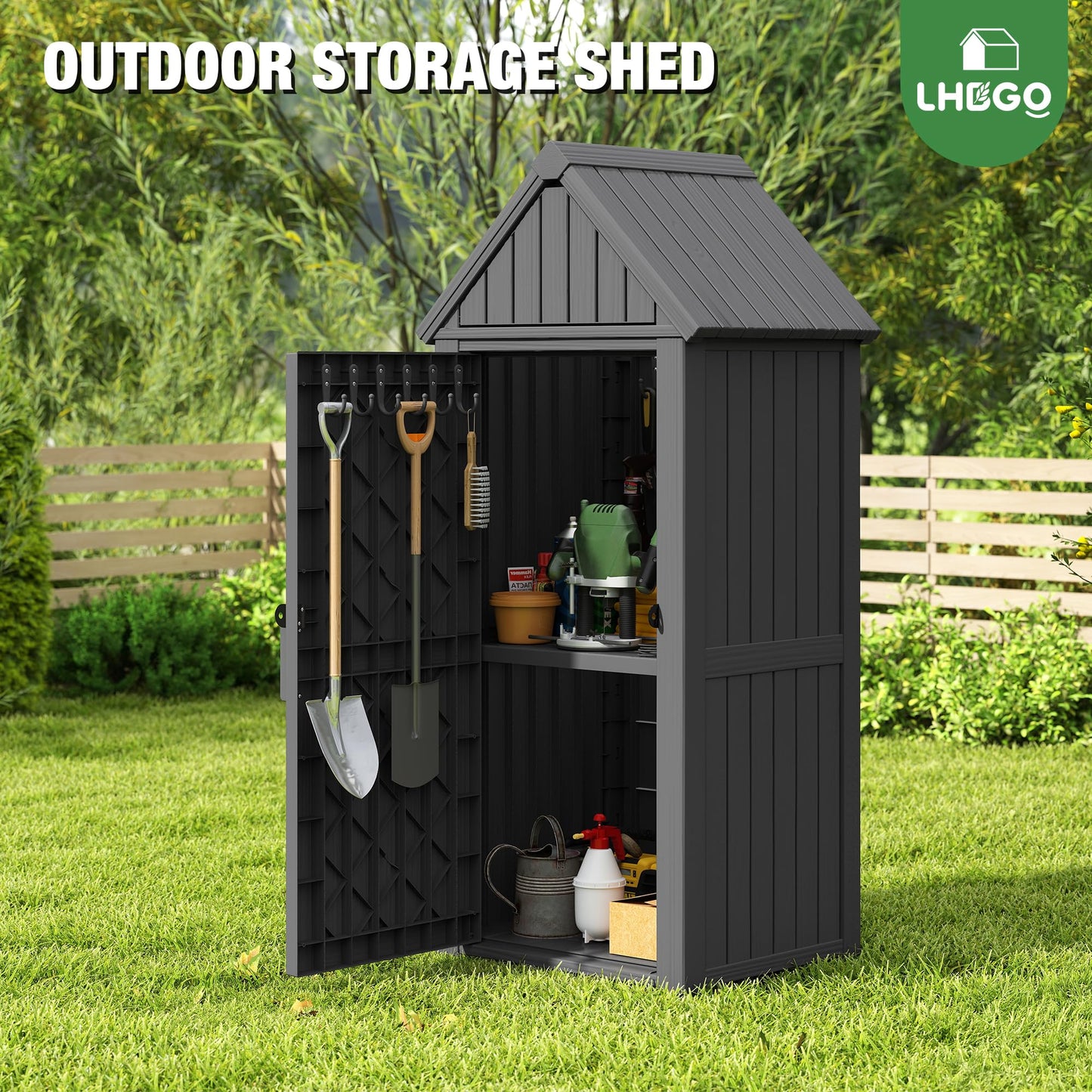 LHBGO Outdoor Storage Shed with Door & Shelf, Large Capacity Weatherproof Garden Tool Cabinet with Multiple Hooks for Backyard, Patio, Lawn（Black