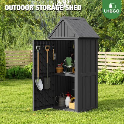LHBGO Outdoor Storage Shed with Door & Shelf, Large Capacity Weatherproof Garden Tool Cabinet with Multiple Hooks for Backyard, Patio, Lawn（Black