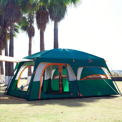KTT Extra Large Tent 12 Person,Family Cabin Tents,2 Bay-Windows,2 Rooms and 3 Doors 3 Windows with Mesh,Waterproof,Straight Wall,Double Layer,Big Tent for Outdoor,Picnic,Camping,Gathering(Green)
