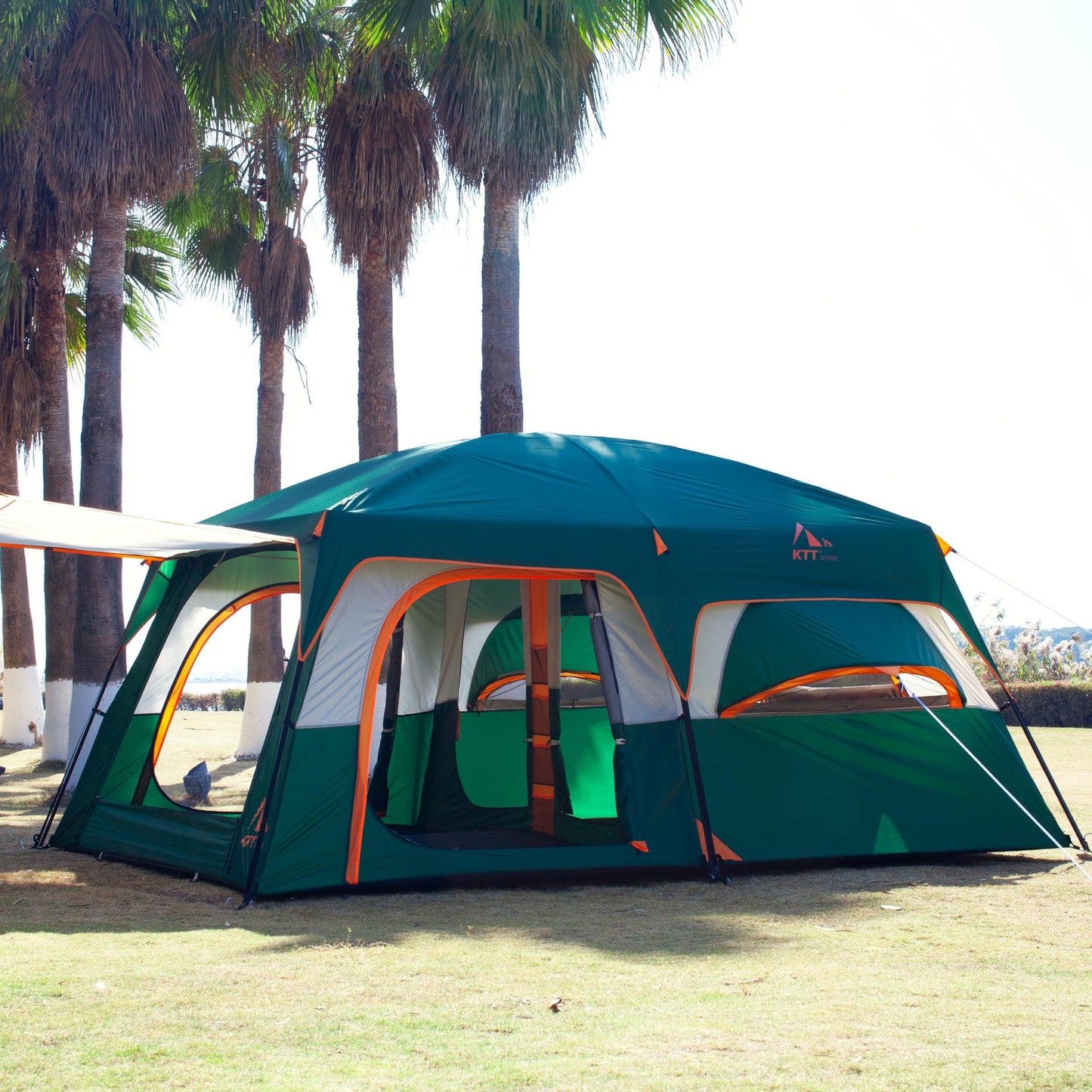 KTT Extra Large Tent 12 Person,2 Bay-Windows,Family Cabin Tents,14'Lx10'Wx6.58'H,2 Rooms and 3 Doors 3 Windows with Mesh,Waterproof,Straight Wall,Big Tent for Outdoor,Picnic,Camping,Gathering(Green)