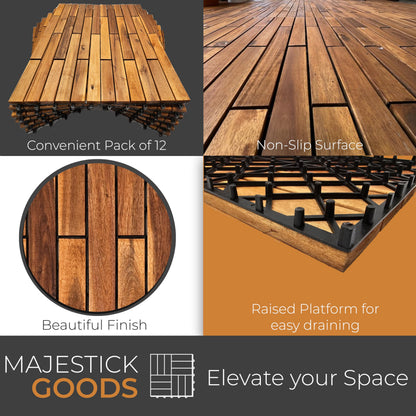 Majestick Goods Interlocking Longboard Deck Tiles, Acacia Wood Interlocking Deck Tiles - Easy Install for Patio Flooring & Walkways with Raised Base Drainage, 24 x 12 x 0.9 in. (12 Count)