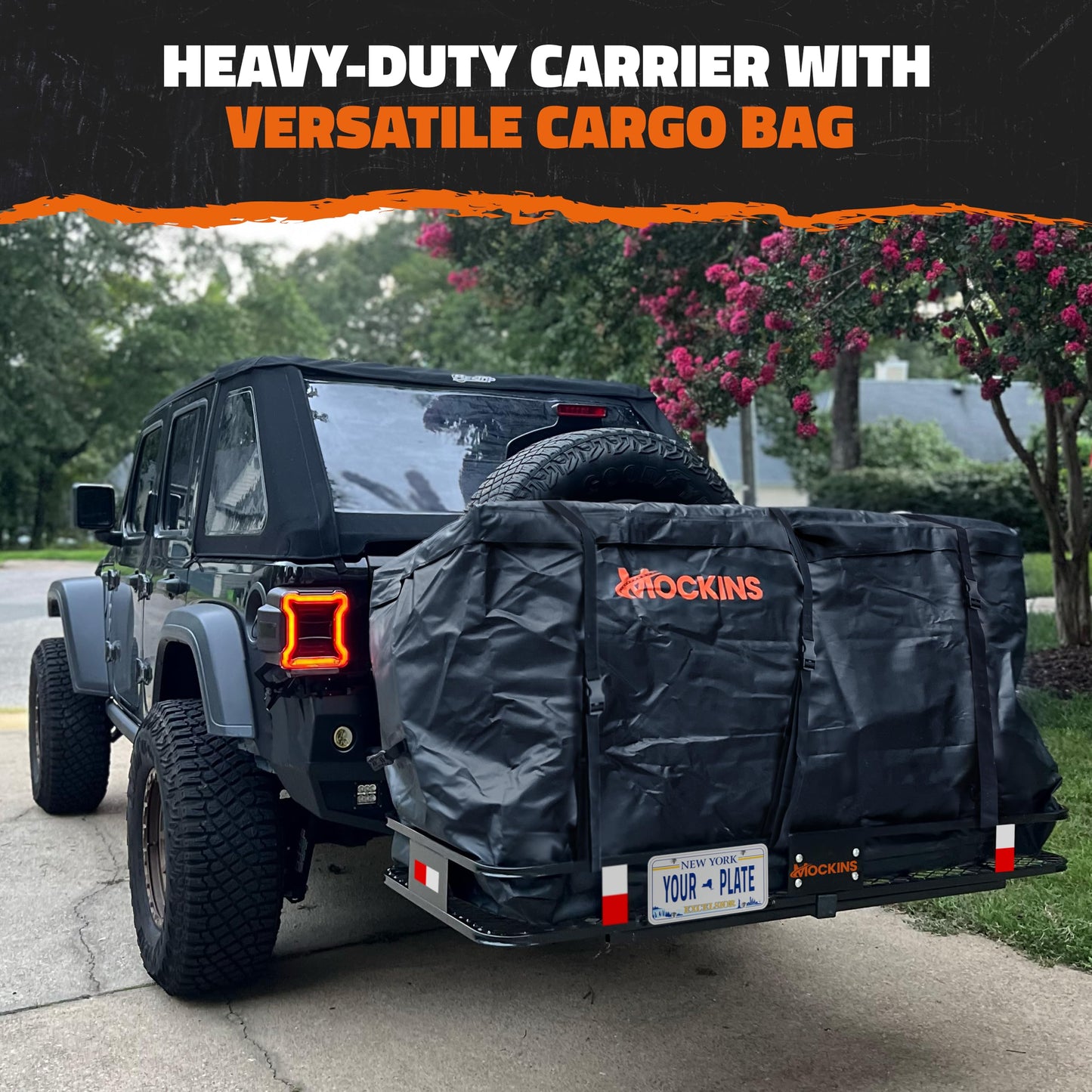 Mockins 60"x24"x6" Heavy Duty Trailer Hitch Cargo Carrier & 25 CuFt Waterproof Cargo Bag for Hitch Carrier | 500 Lbs. Capacity Folding Luggage Rack for SUV Car Truck with Plate Bracket & Accessories