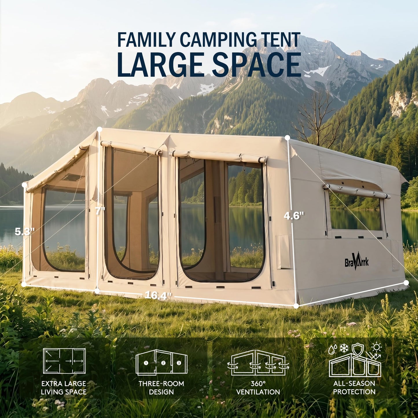 Inflatable Tent for Camping,16.4'x7'x7' Blow Up Tent 8-12 Person,3 Room Tent with Divided Curtain,Hot Tent with Stove Jack, Inflatable House with Pump, Quick Setup Air Glamping Tent for Family Outdoor