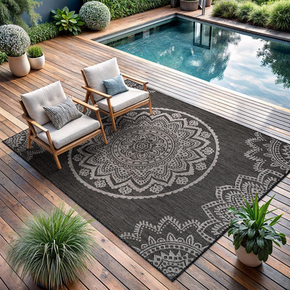 CAMILSON Outdoor Rug 8x10 Modern Area Rugs for Indoor and Outdoor Patios and Porches - Waterproof, Non-Shedding, Easy-to-Clean Outside Carpet (8 x 10, Medallion - Dark Grey/Light Grey)