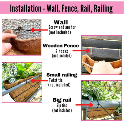 LaLaGreen Outdoor Wall Planters, 4 Pack, 14 Inch Large Balcony Planter Railings Hanging, Rail Flower Basket with Coco Liner English Horse Trough Black Metal Wire Succulent Pot Holder Deck Porch Garden