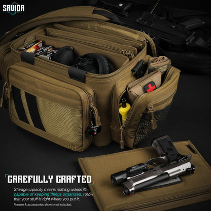 Savior Equipment Specialist Series Tactical Triple Pistol Shooting Range Hunting Duffle Bag Gun Carrying Case, Rigid Compartment Frame, Lockable Zippers (Dark FDE, 18" x 9" x 12" Range Bag)